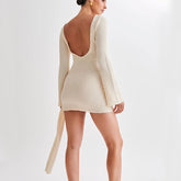 Fashion Slim Long-sleeved Dress Y2K Sexy Hip-hugging V-shaped Backless Short Dresses Womens Clothing - kinko